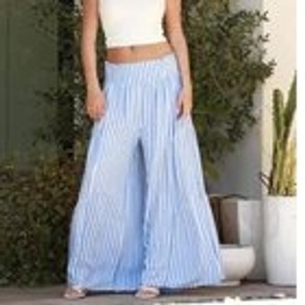 Striped Wide Leg Pants Blue White Smocked Tiered Boho Coastal Flowy Summer L